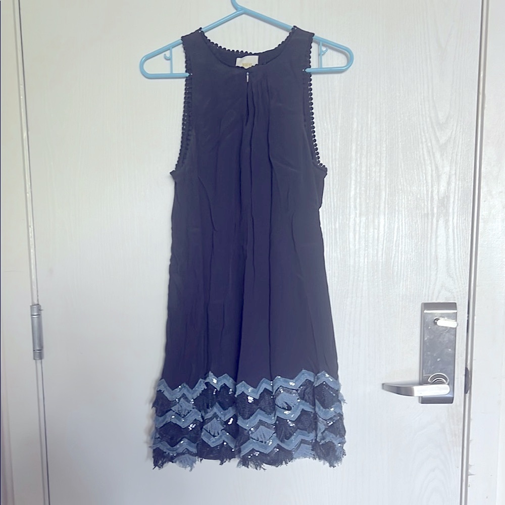 Anthropologie Maeve Festive Swing Elegant Navy Sequin Fringe Sleeveless Dress - Picture 4 of 11